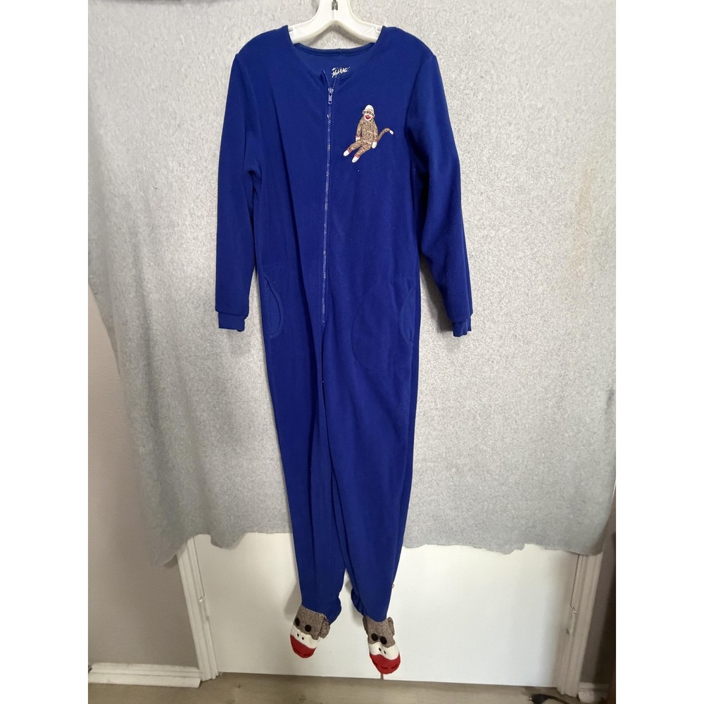 Nick & Nora Pajamas Womens S Blue Fleece Sock Monkey Footed One-piece Zip Front